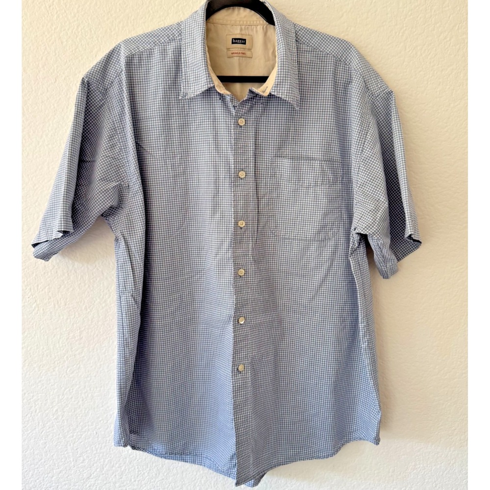Haggar Men's Short Sleeve Shirt XL Blue Plaid Button Down Summer Casual